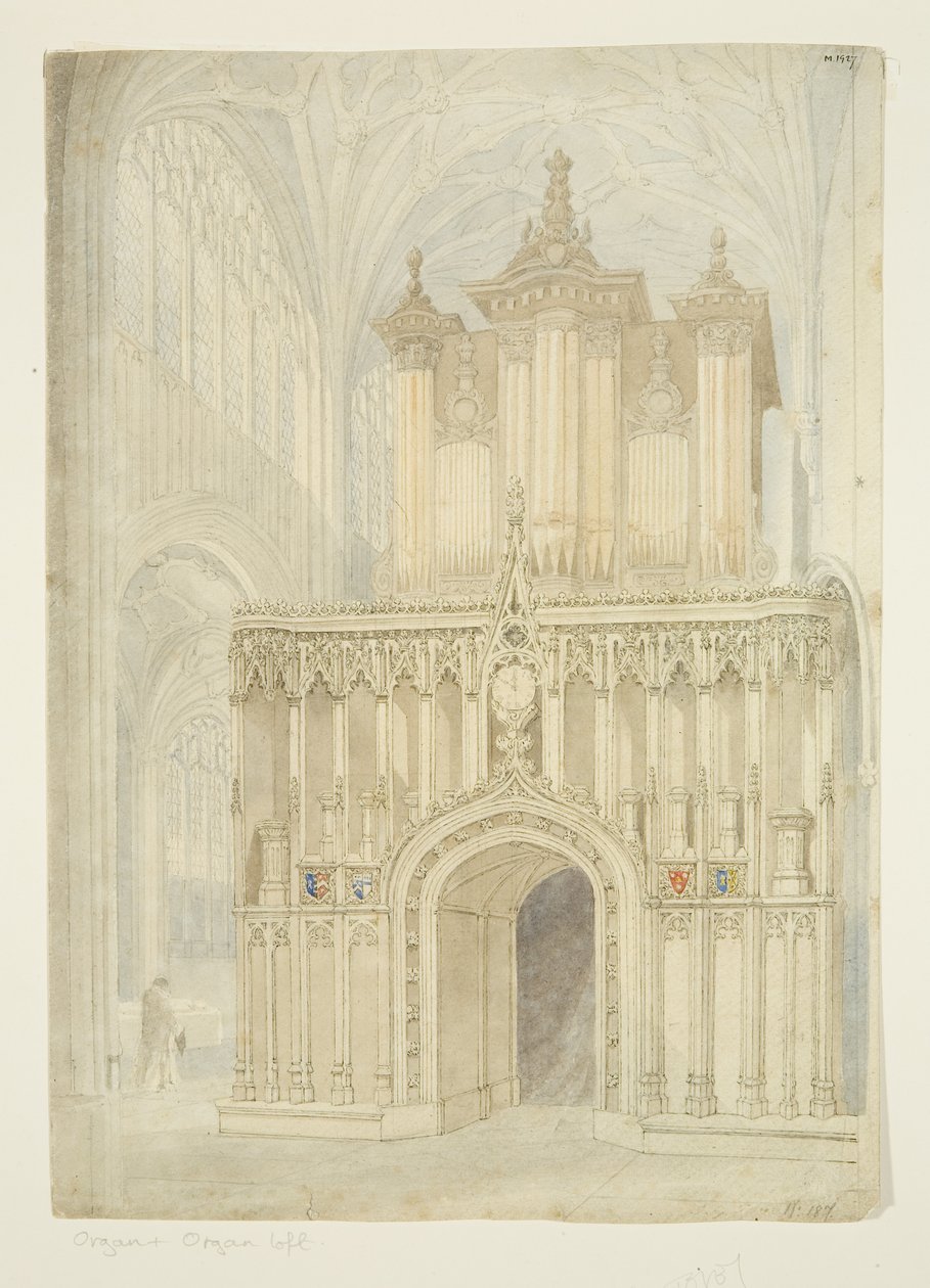 Orgel og orgelloft i St Mary Redcliffe Church, ca. 1840 (blyant og akvarell på papir) av Samuel Griffiths Tovey