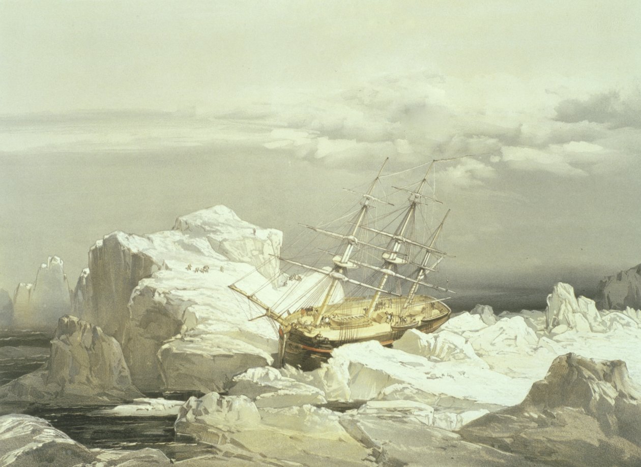 Kritisk posisjon til H.M.S. Etterforsker på nordkysten av Baring Island, 20. august 1851, gravert av William Simpson, utgitt av Ackermann und Co., 1854 av Samuel Gurney Cresswell