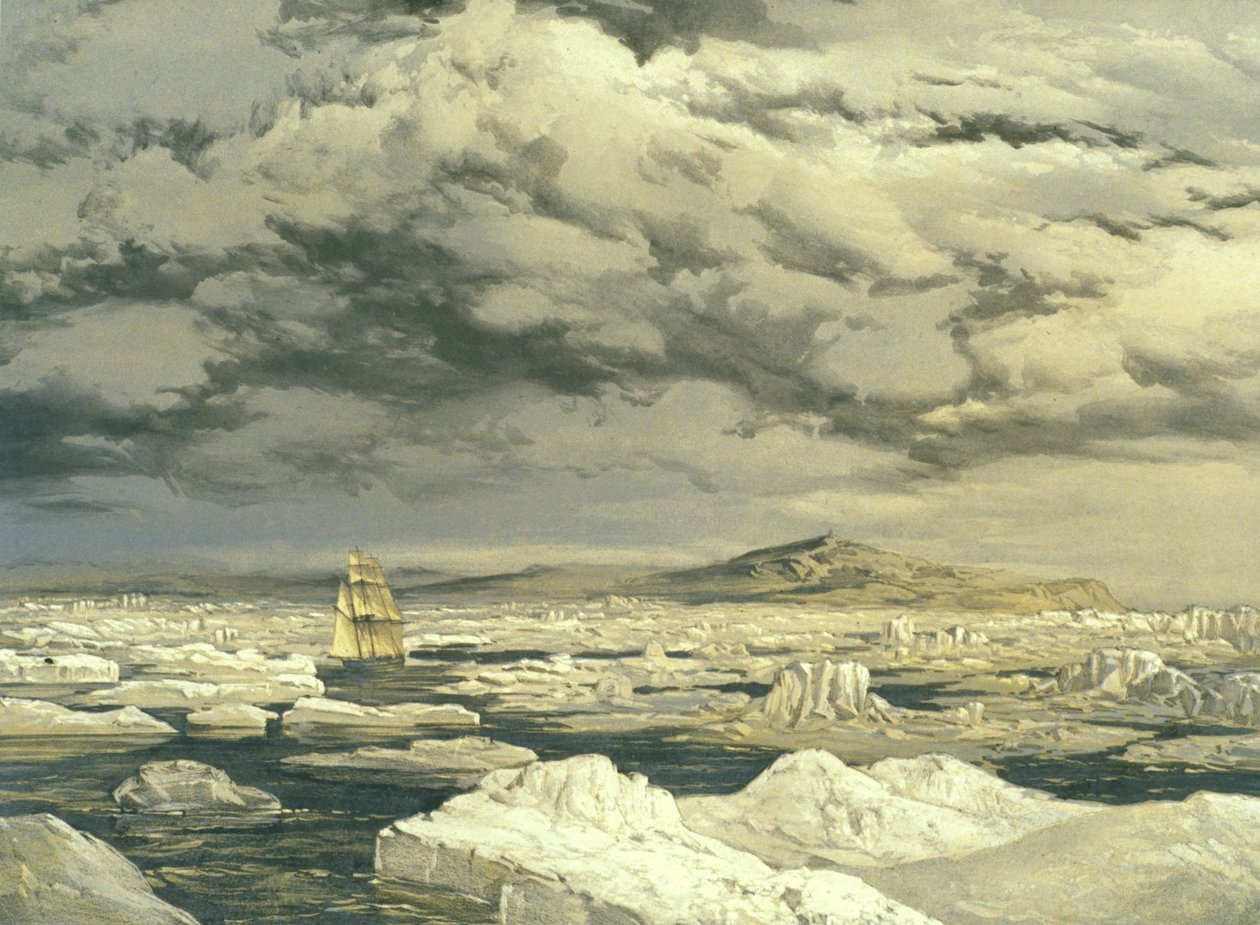 Første funn av land av HMS Investigator, 6. september 1850, gravert av E. Walker, 1854 av Samuel Gurney Cresswell