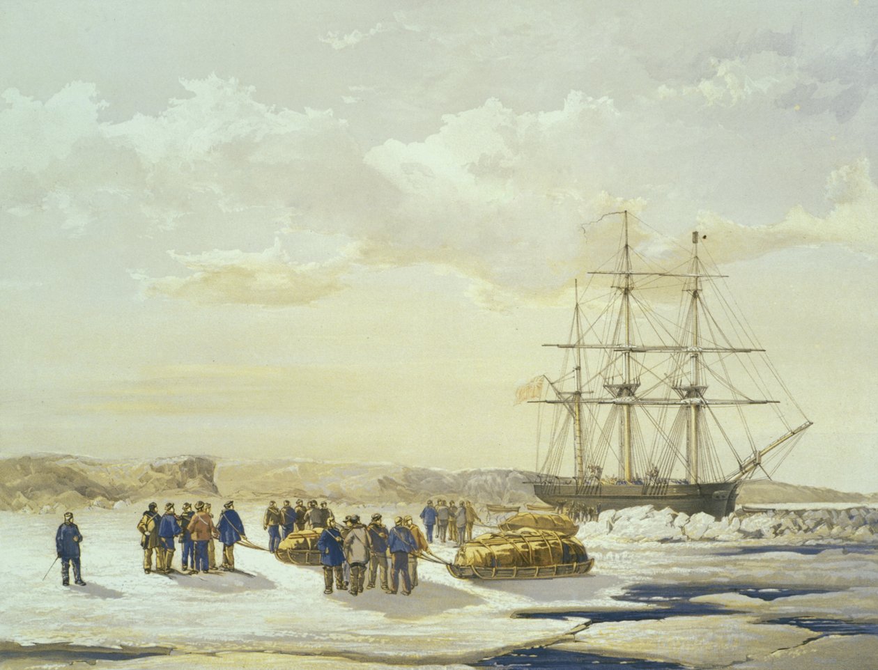 Kjelkefest som forlater H.M.S. Etterforsker i Mercy Bay, 15. april 1853, gravert av E. Walker, utgitt av Ackermann und Co., 1854 av Samuel Gurney Cresswell