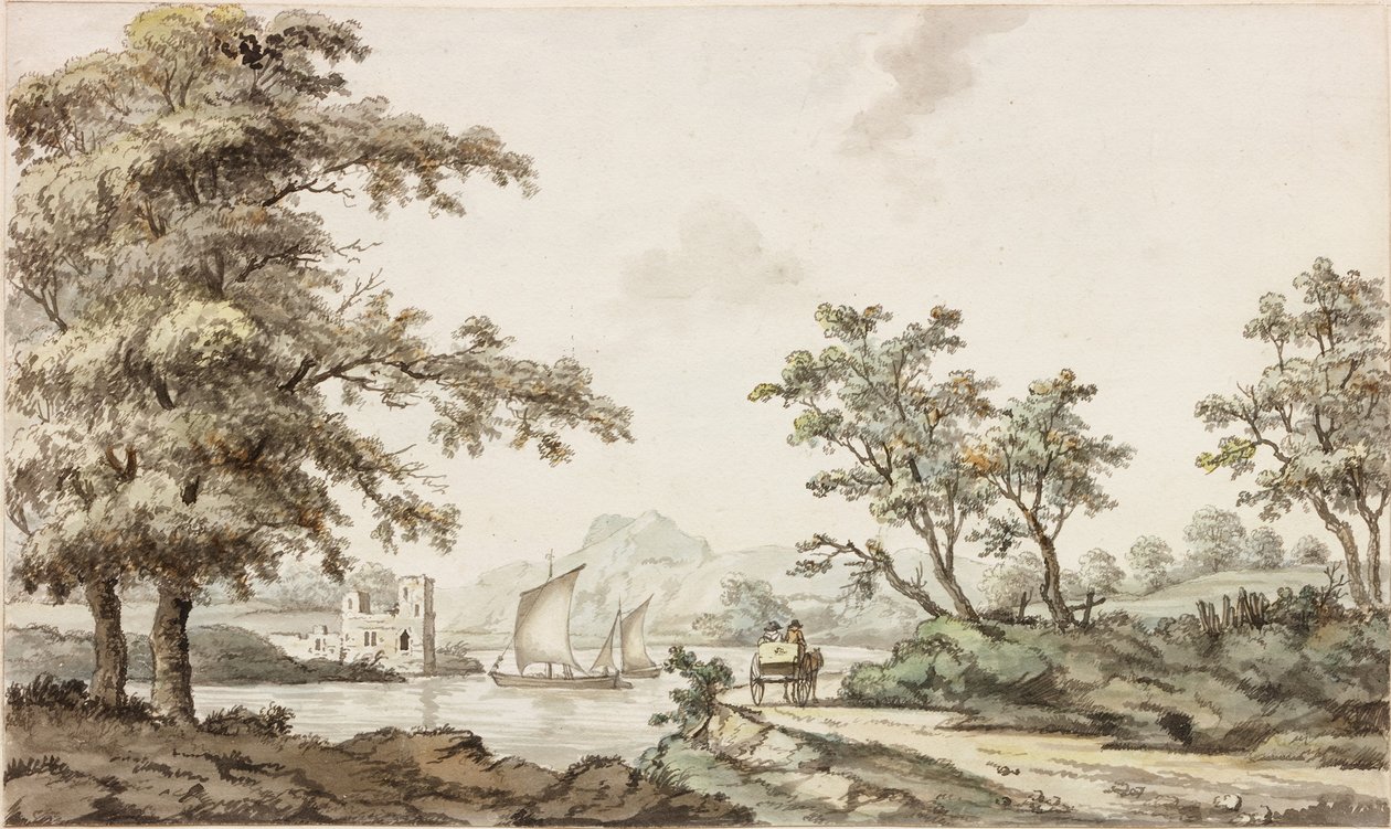 En elv med seilbåter og en hest og vogn (blekk (svart) og akvarell på papir) av Samuel Henry Alken