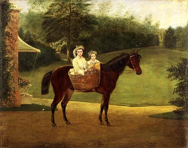 Portrett av to jenter i bagasje på en ponni (olje på panel) av Samuel Henry Alken