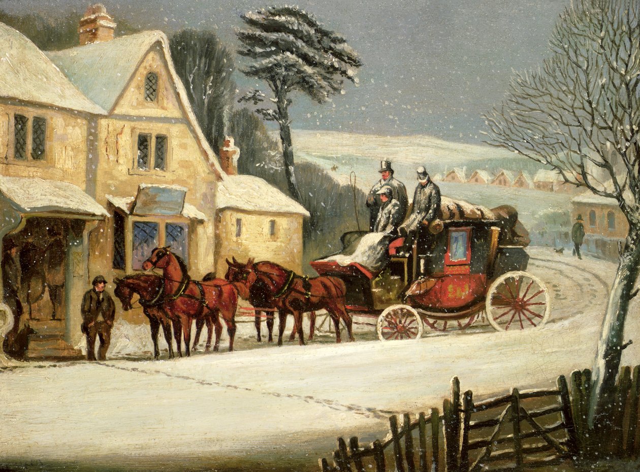 Vinterscene med Royal Mail stoppet på et vertshus (olje på panel) av Samuel Henry Alken