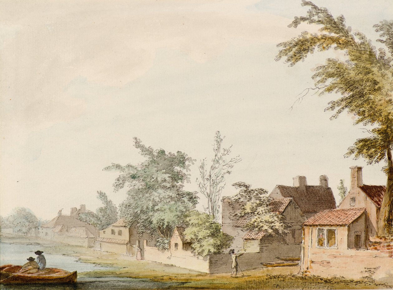 En landsby ved en innsjø av Samuel Hieronymous Grimm