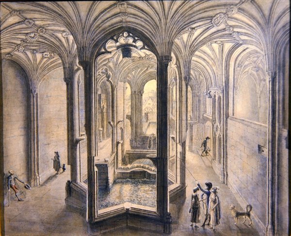Innvendig visning av Holywell Spa, Nord-Wales (akvarell med penn og blekk på papir) av Samuel Hieronymous Grimm