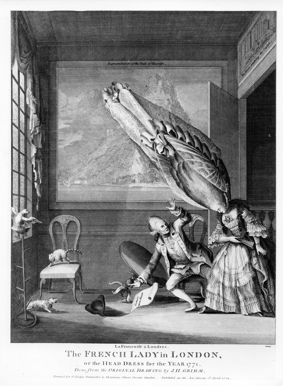 The French Lady in London eller The Head Dress of the Year 1771, trykt for S. Sledge, 1771 av Samuel Hieronymous Grimm