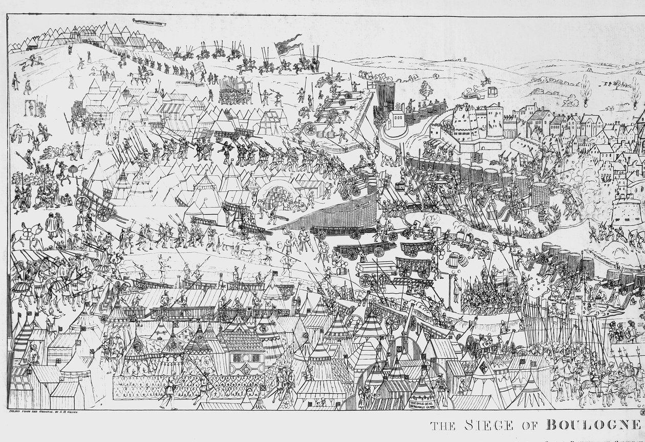 The Siege of Boulogne av kong Henry VIII (1491-1547) i 1544, gravert av James Basire, 1788 (se også 106603) av Samuel Hieronymous Grimm