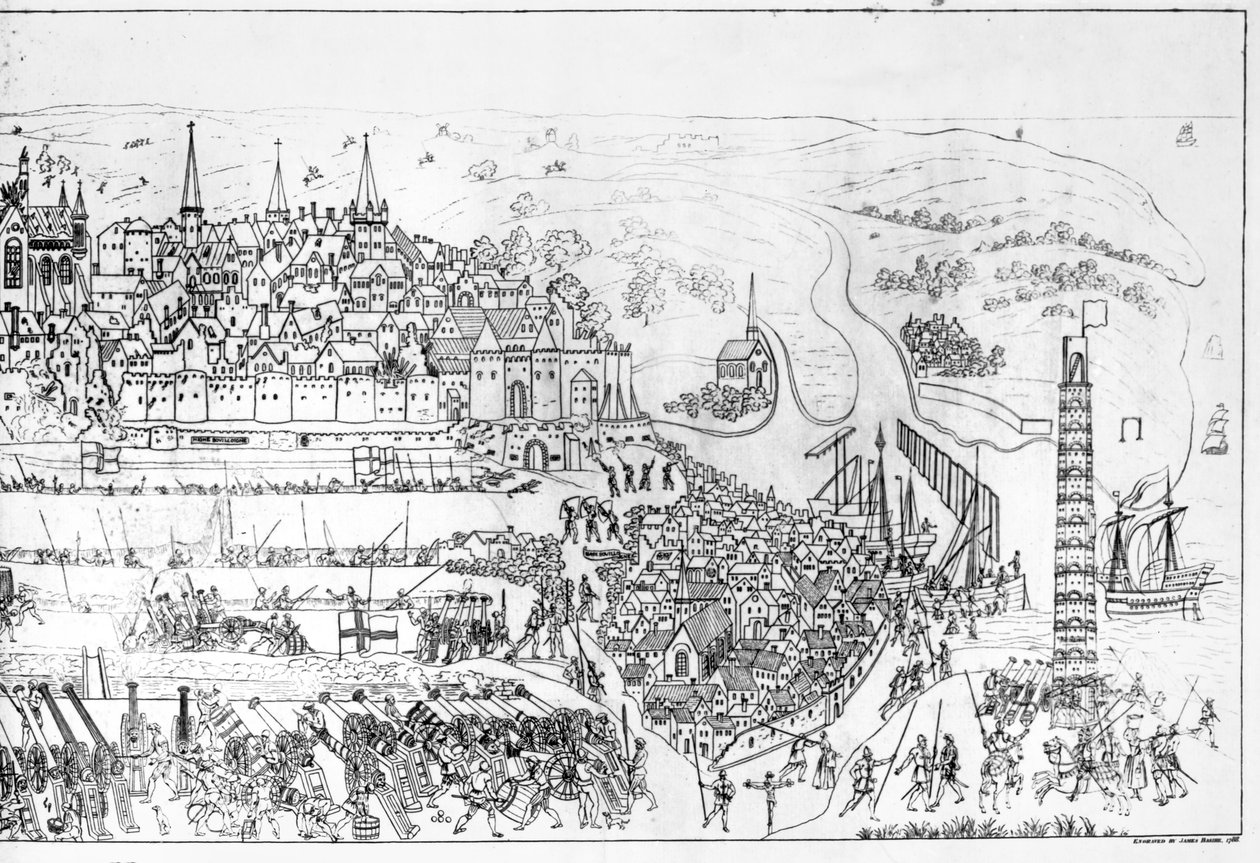 The Siege of Boulogne av kong Henry VIII (1491-1547) i 1544, gravert av James Basire, 1788 (se også 106602) av Samuel Hieronymous Grimm