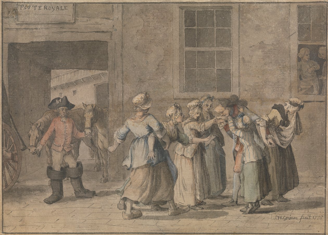 Avgang fra et fransk vertshus: En illustrasjon for Sternes sentimentale reise av Samuel Hieronymus Grimm
