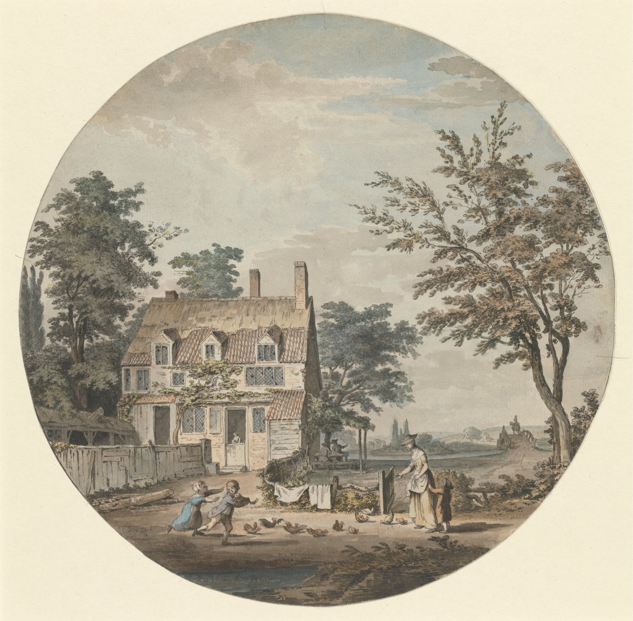 Landskap med hytte, bro og figurer av Samuel Hieronymus Grimm