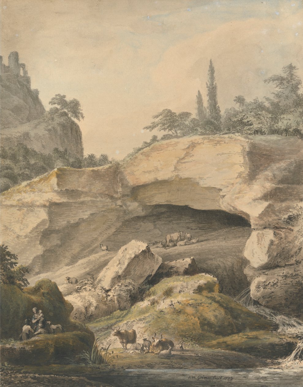 Steinete landskap med bønder og storfe av Samuel Hieronymus Grimm
