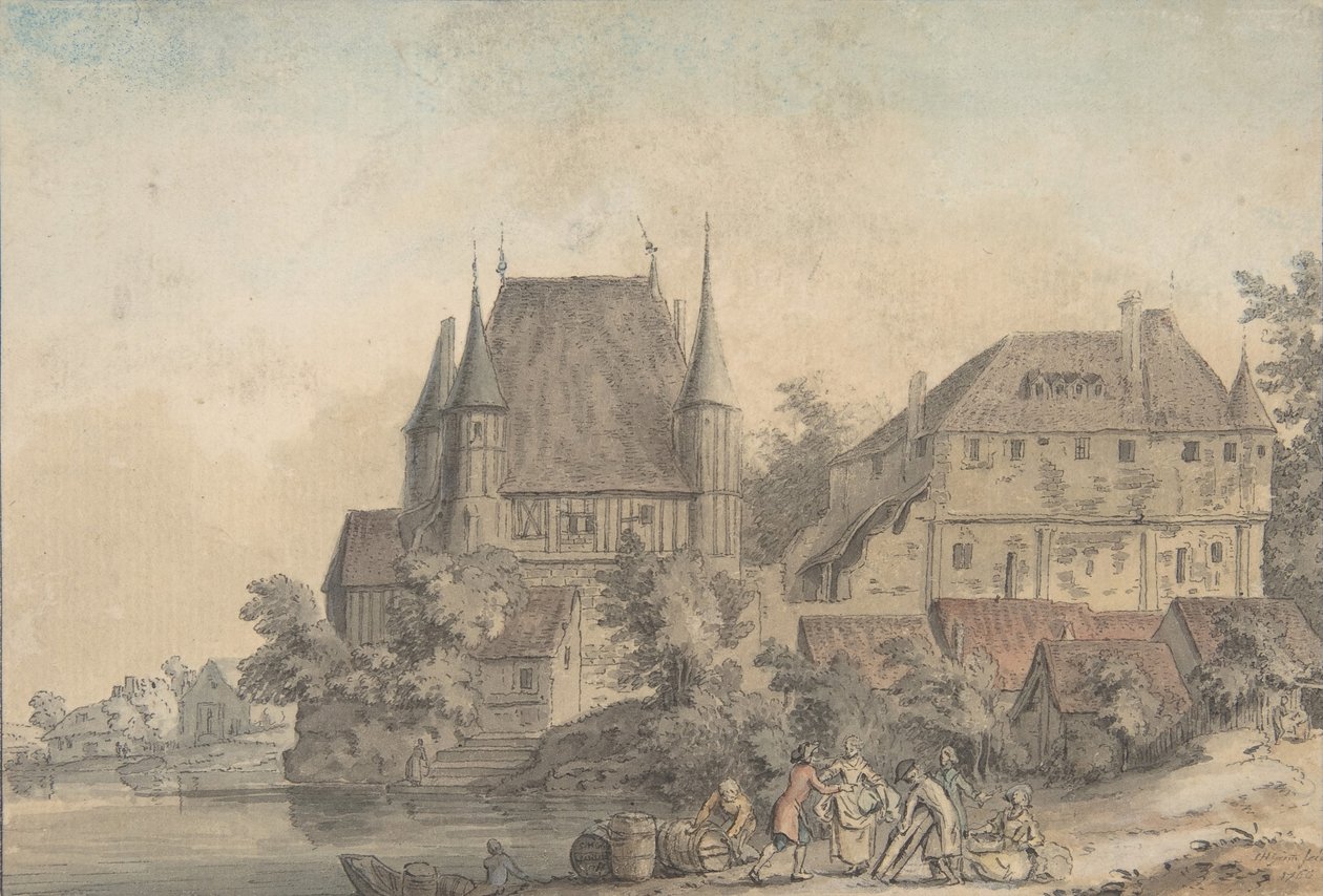 Utsikt over en landsby langs en elv, 1766. av Samuel Hieronymus Grimm