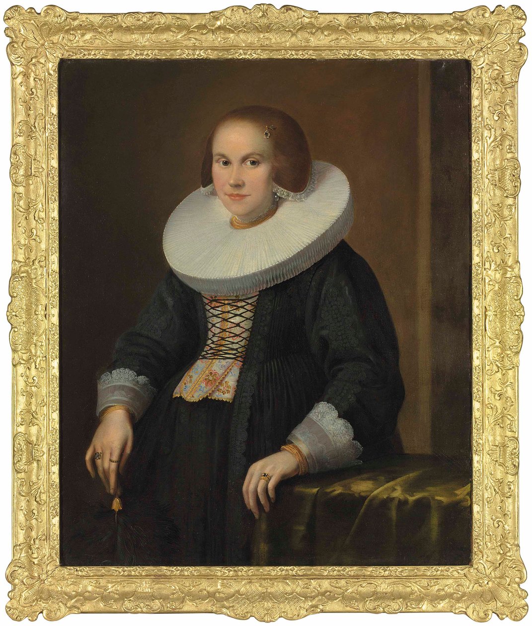Portrett av en ung dame, halvlang, holder en fjær, ca. 1636 (olje på lerret) av Samuel Hofmann