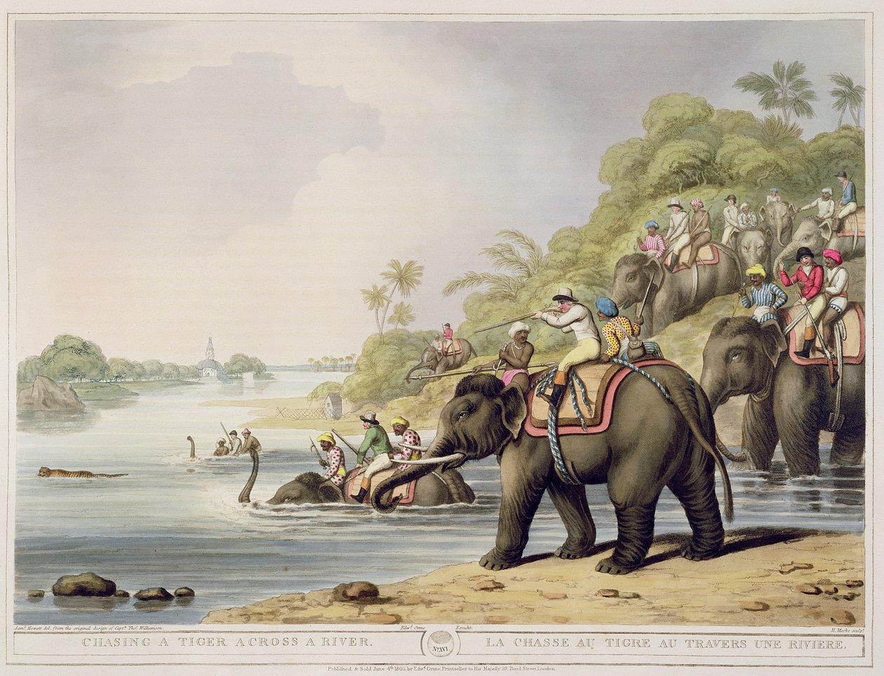 Chasing a Tiger over a River, fra Oriental Field Sports, pub. av Edward Orme, 1807 (trykk) av Samuel Howett