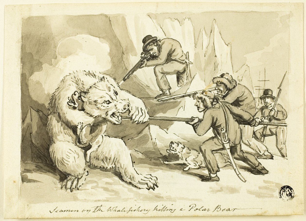 Sjømenn på hvalfiske som dreper en isbjørn (recto); Shell (verso) av Samuel Howett