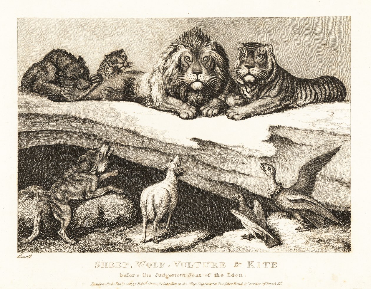 En rettssak mellom dyr, med løve og tiger som dommere. 1811 (etsing) av Samuel Howitt