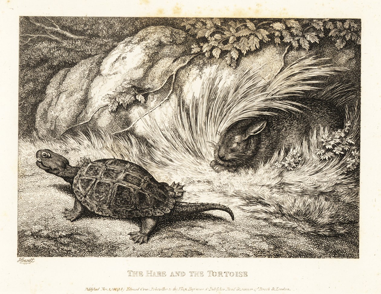En skilpadde passerer en sovende hare i et løp. 1811 (etsing) av Samuel Howitt