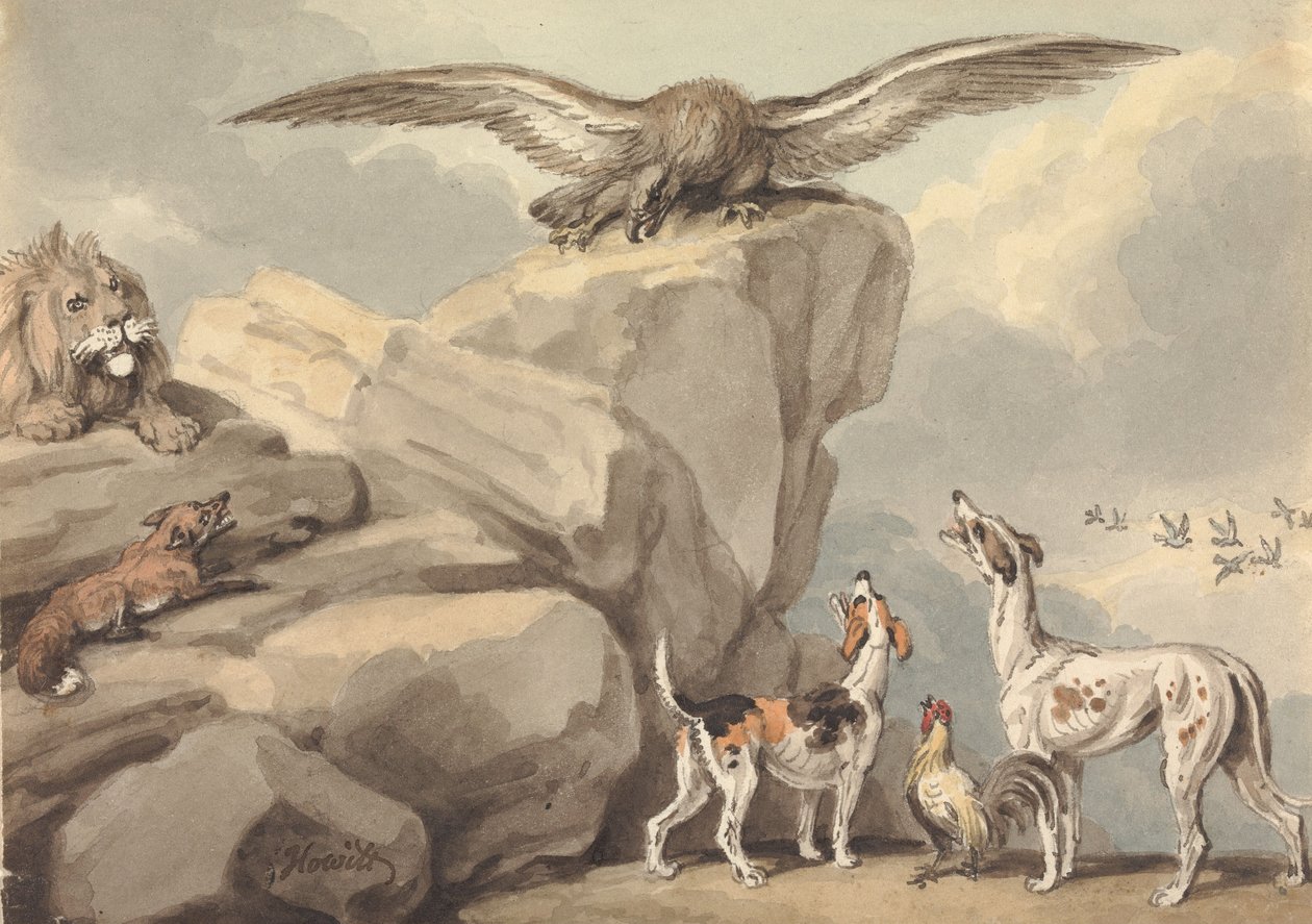 En ørn på en klippe; løve, rev, to jakthunder og en hane (muligens til «Æsops fabler») av Samuel Howitt