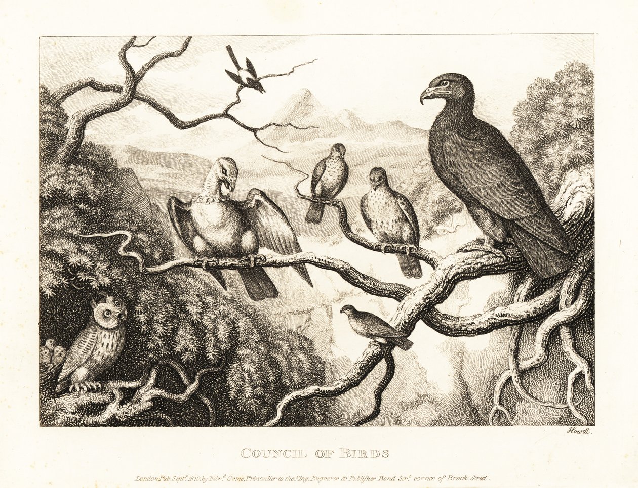 En ørn presiderer over en gård med fugler i et tre. 1811 (etsing) av Samuel Howitt