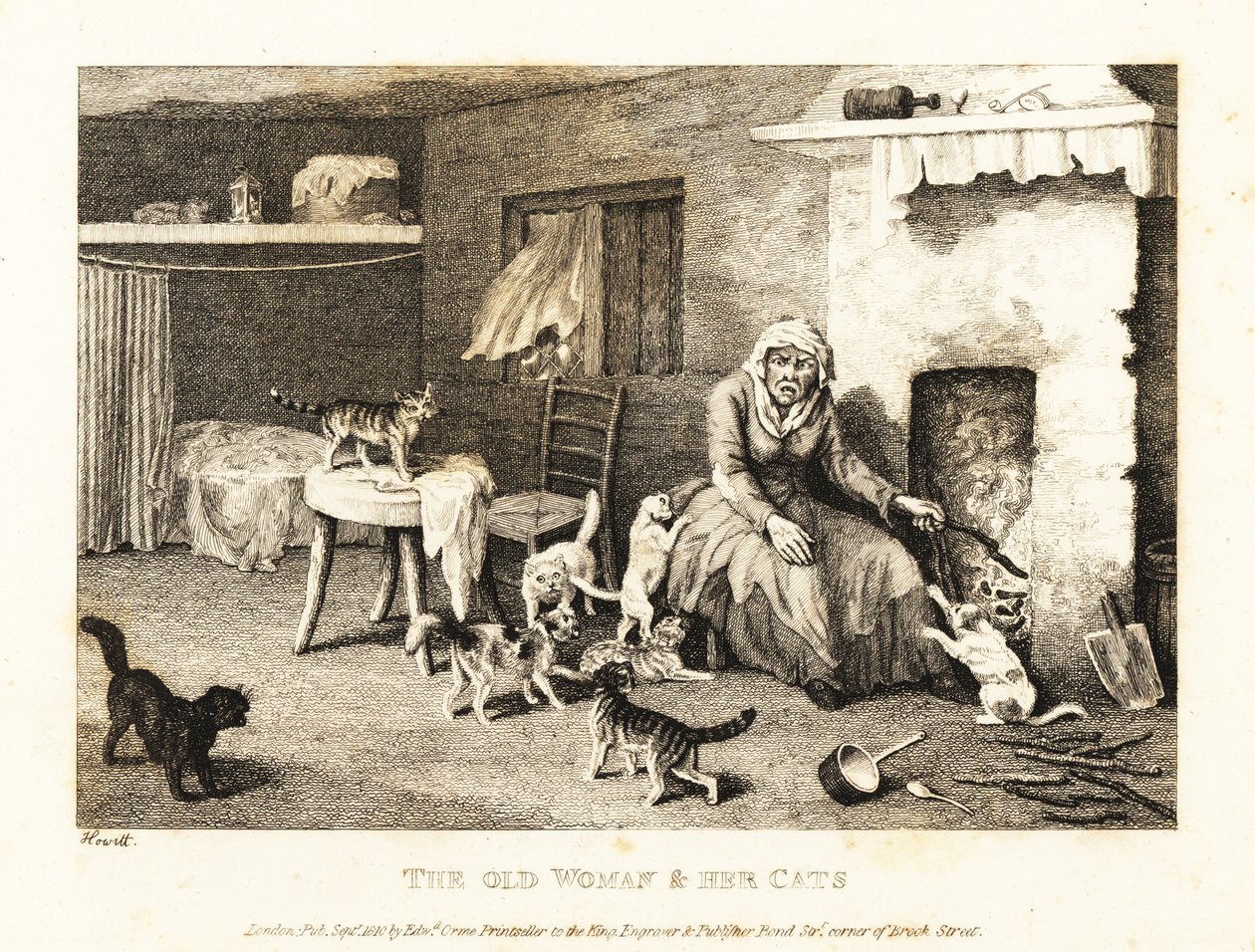 Gammel kjerring som sitter ved ildstedet i en kro omgitt av katter. 1811 (etsing) av Samuel Howitt