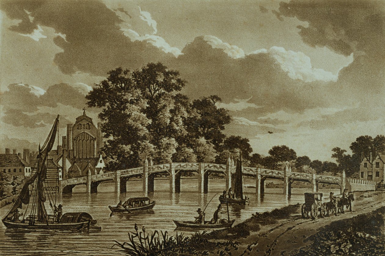 Hampton Court Bridge, illustrasjon fra 'Picturesque Views of Themsen', pub. 1799 (etsing, akvatint) av Samuel Ireland