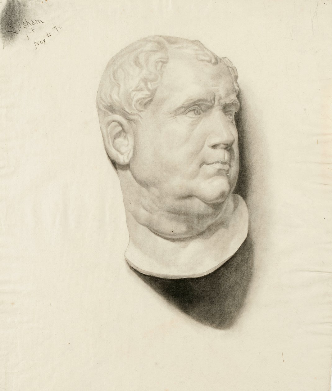 Skisse av en avstøpning av et mannlig hode, 1872 (kull på kremlagt papir) av Samuel Isham