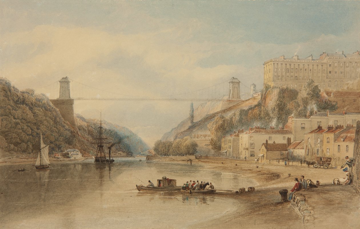Den foreslåtte hengebroen fra Rownham Ferry, ca. 1836 av Samuel Jackson