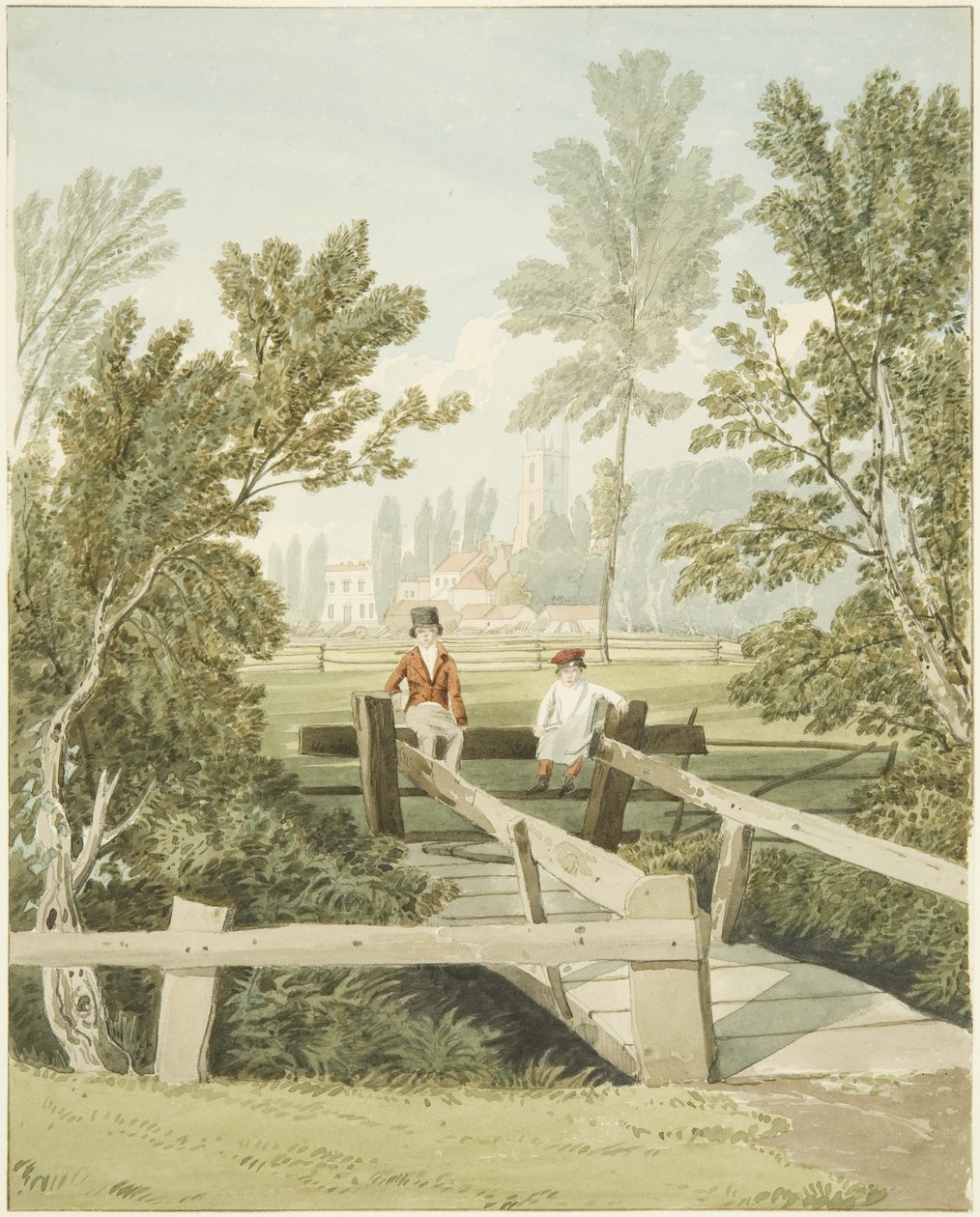 Two Boys on a Stole at Brislington Brook, ca. 1824 (blyant og akvarell på papir) av Samuel Jackson