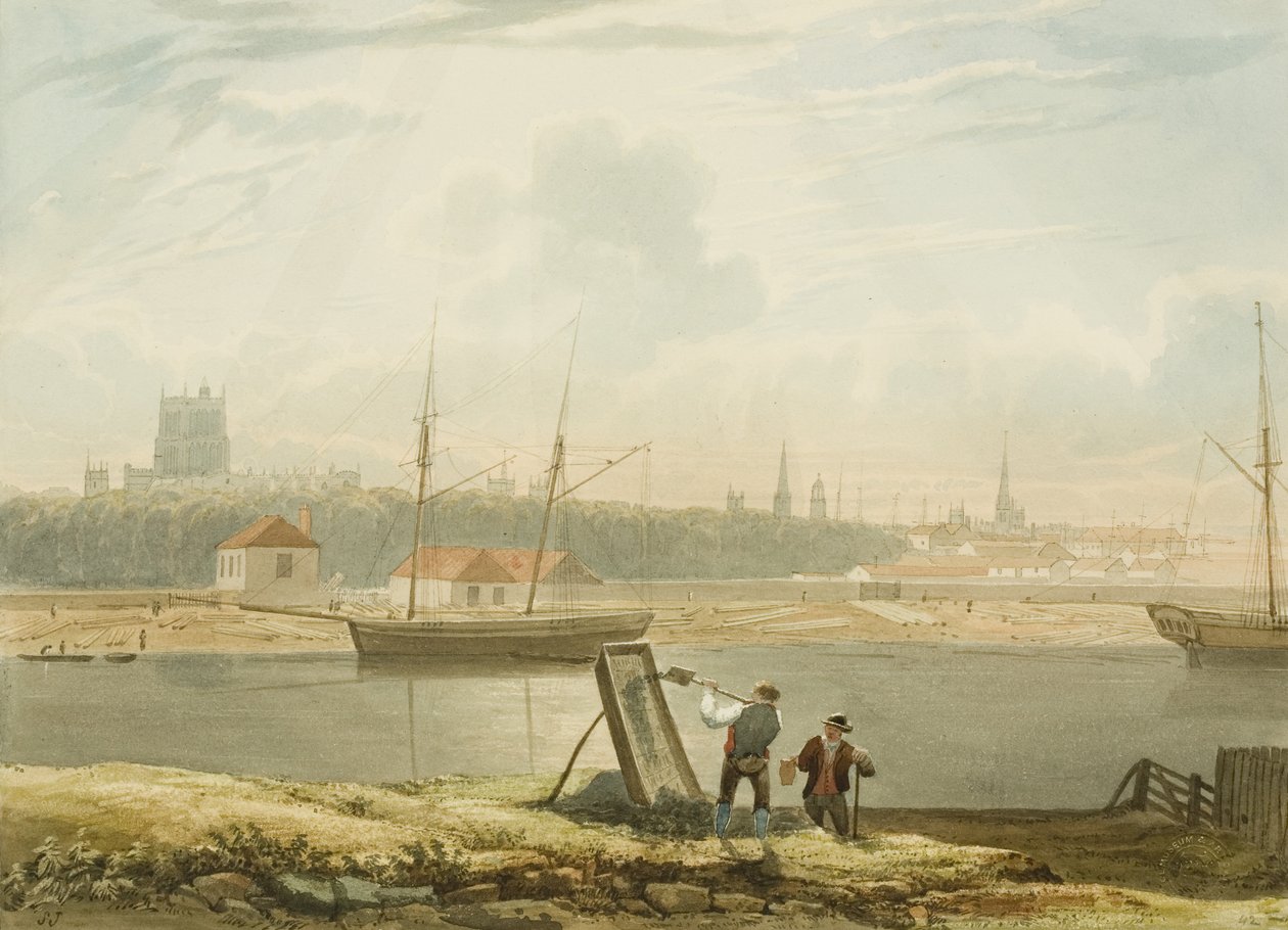 Utsikt over den flytende havnen med katedralen og bykirkene, ca. 1825 av Samuel Jackson