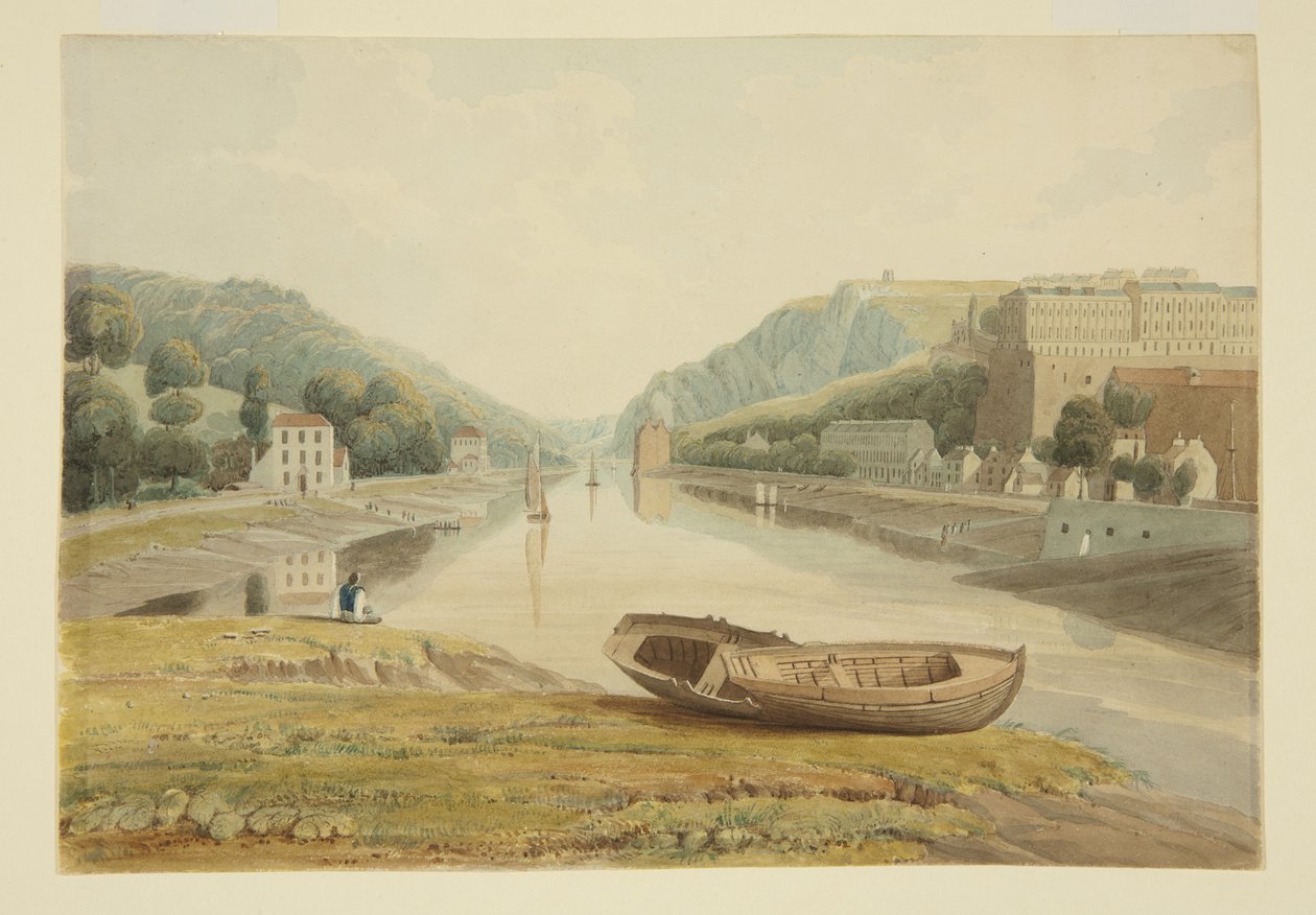 Utsikt nedover Avon med Hotwells og Clifton, ca. 1825 (akvarell på papir) av Samuel Jackson