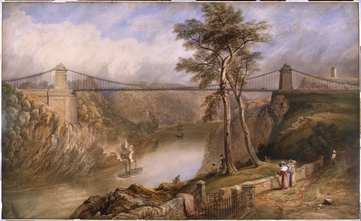 Utsikt over Avon Gorge med godkjent design for Clifton Suspension Bridge (akvarell på papir) av Samuel Jackson