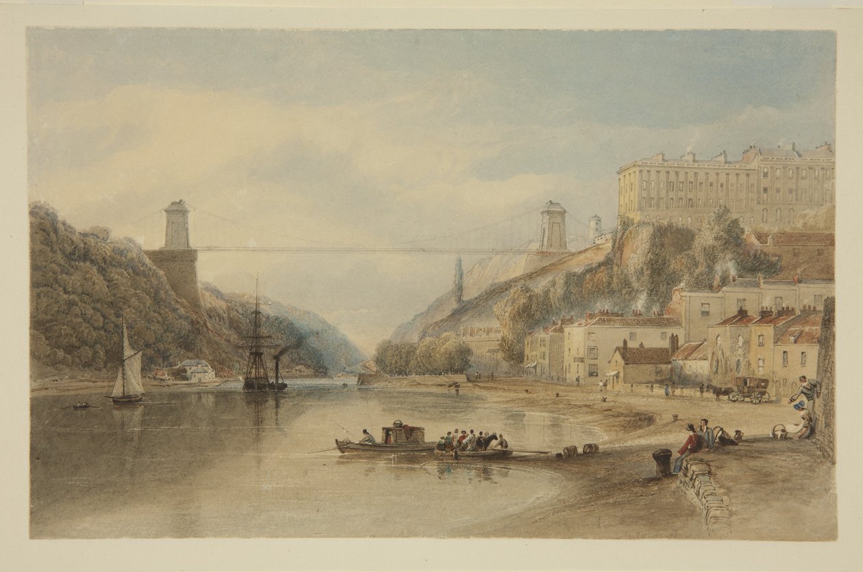 View on the Avon at Hotwells: The Proposed Suspension Bridge, ca. 1836 (blyant og akvarell på papir) av Samuel Jackson