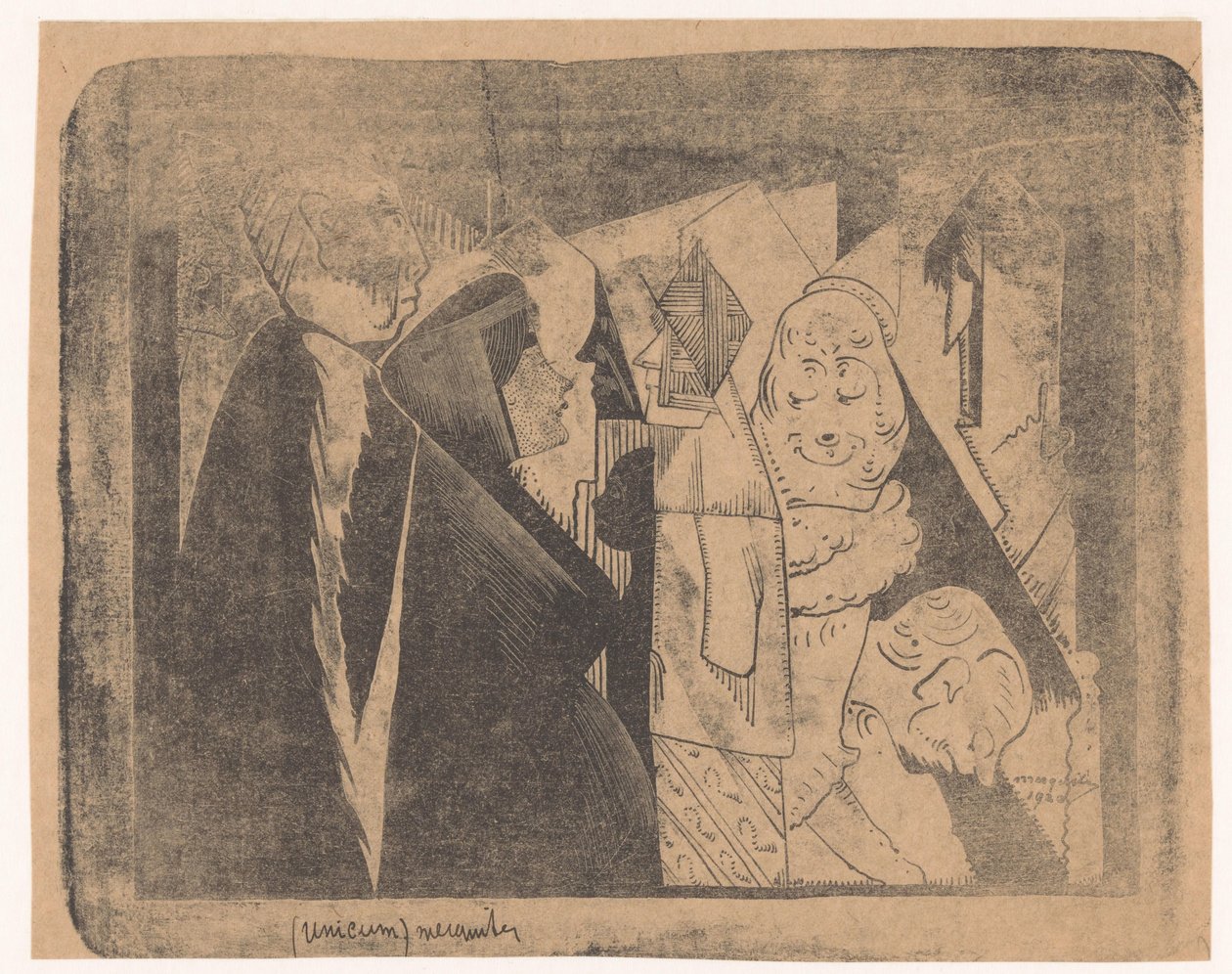 Fantasy: forskjellige figurer, den andre fra venstre en kvinne med et flekkete ansikt i profil til høyre av Samuel Jessurun de Mesquita (signed by artist)