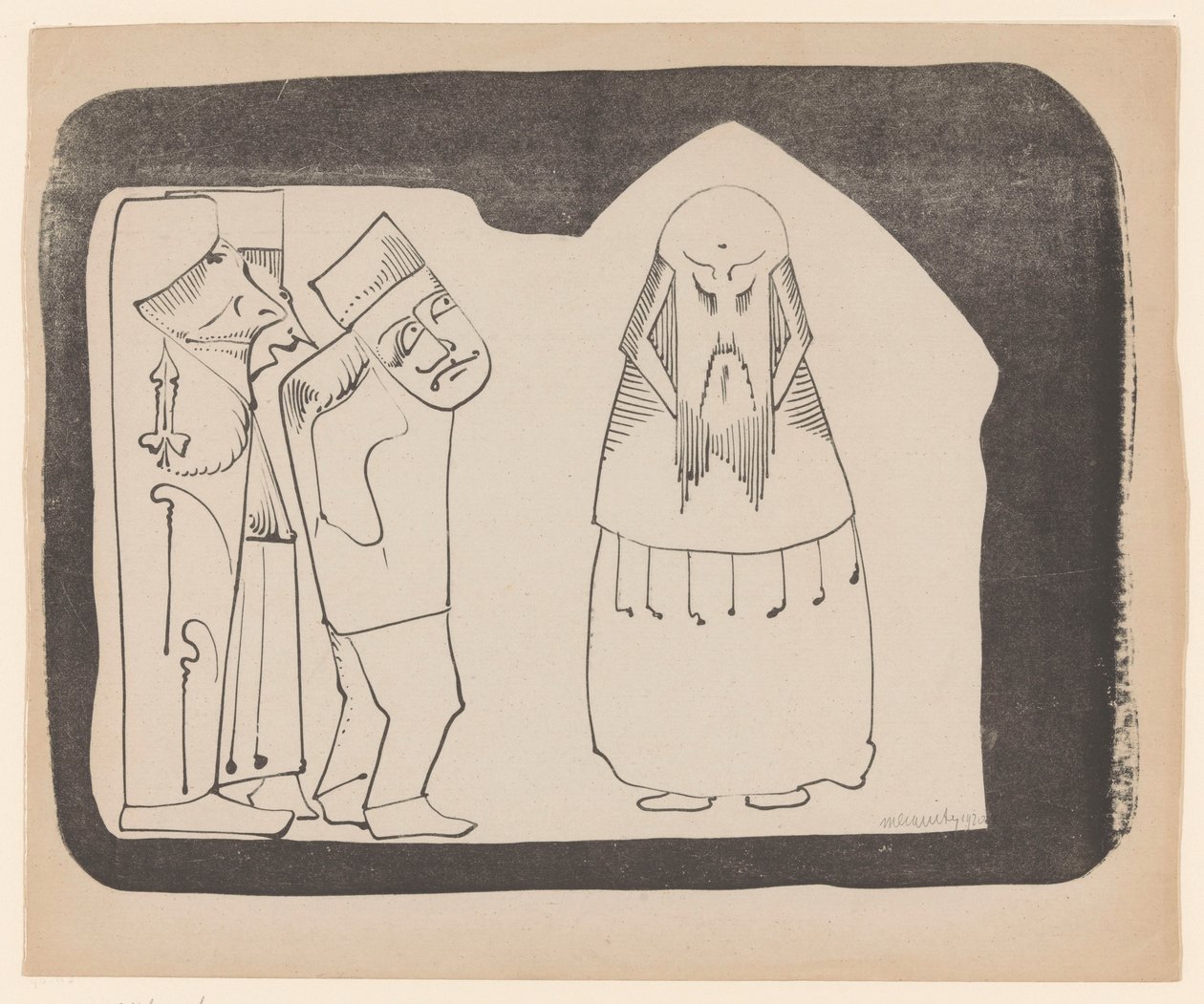 Fantasy: venstre tre figurer til høyre, høyre en frontal kinesisk-lignende figur av Samuel Jessurun de Mesquita (signed by artist)