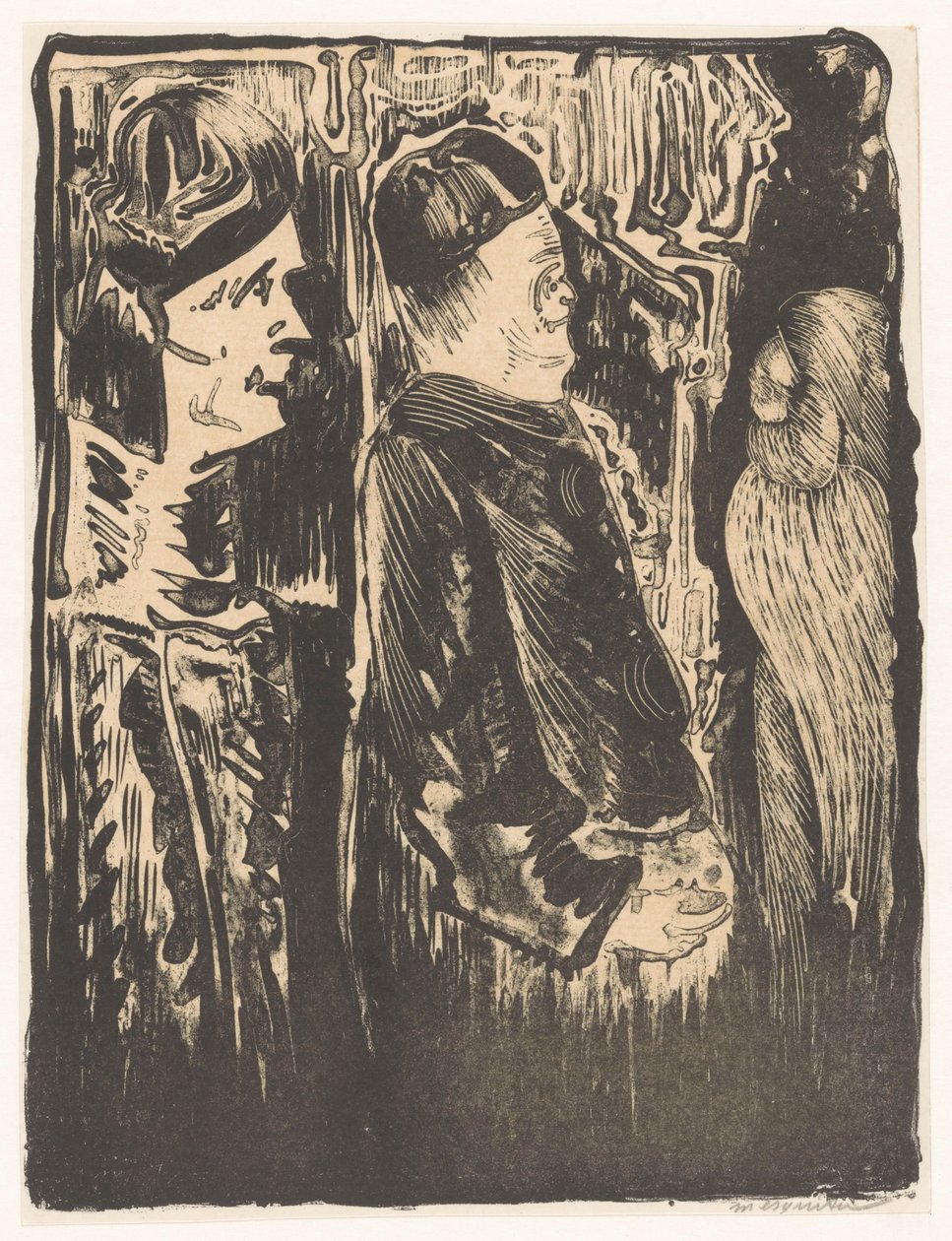 Fantasy: til venstre to figurer med hatter til høyre, til høyre et oppskrapet utseende med fjærdrakt av Samuel Jessurun de Mesquita (signed by artist)