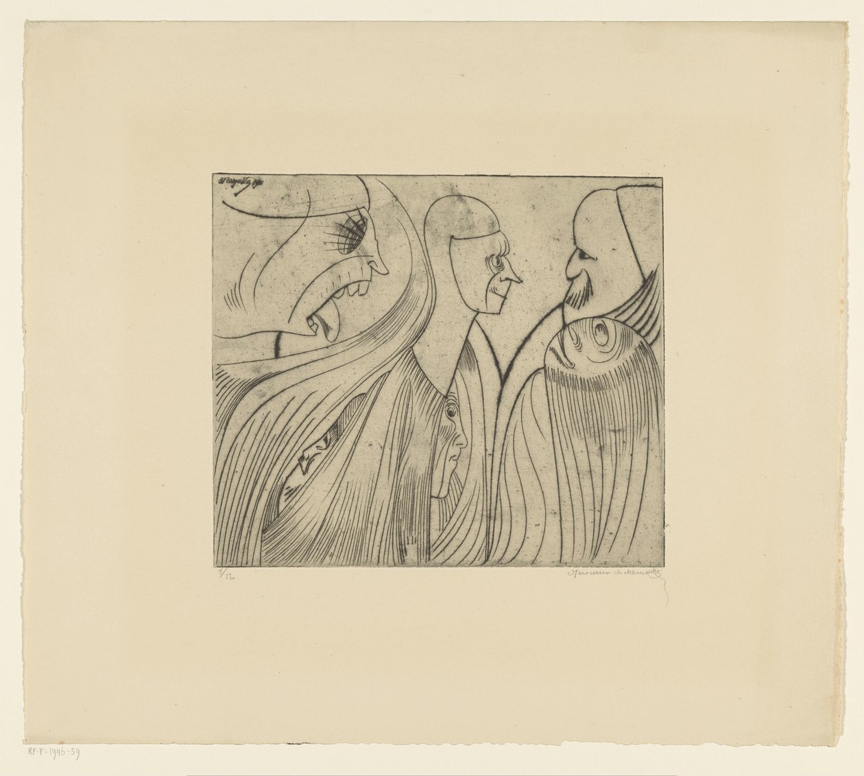 Gruppe av figurer og ansikt med tungen ut av Samuel Jessurun de Mesquita (signed by artist)