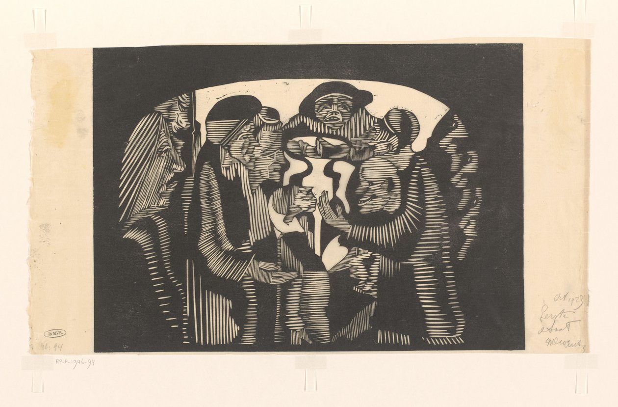 Gruppe av figurer i en bue Visjonær fantasi: gruppe figurer, innkapslet i en bueform, øverst i midten en frontal mann med hatt av Samuel Jessurun de Mesquita (signed by artist)