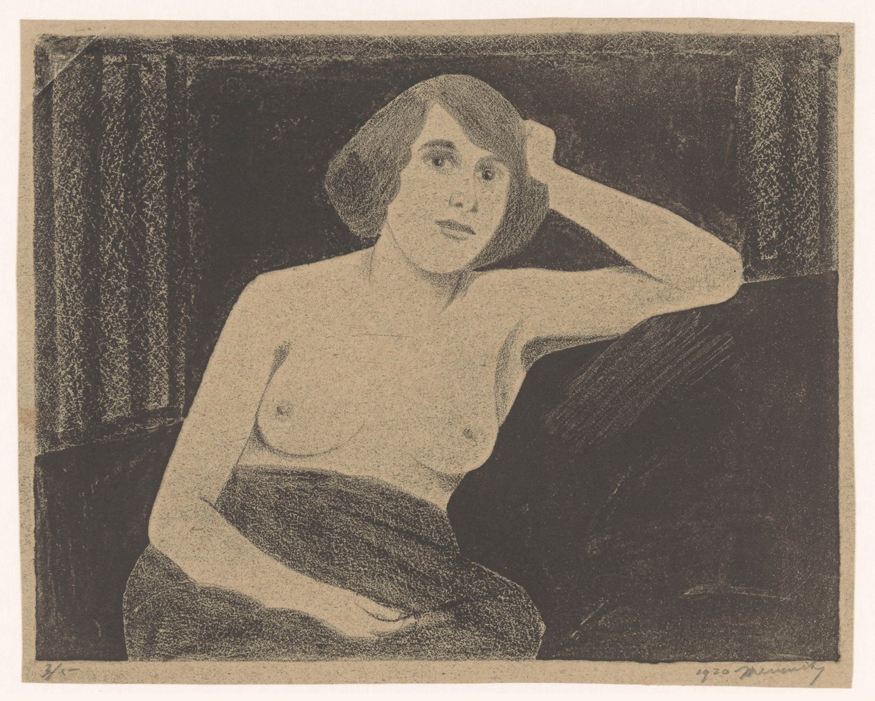 Kvinne naken, sittende på en sofa, hånd mot hode av Samuel Jessurun de Mesquita (signed by artist)