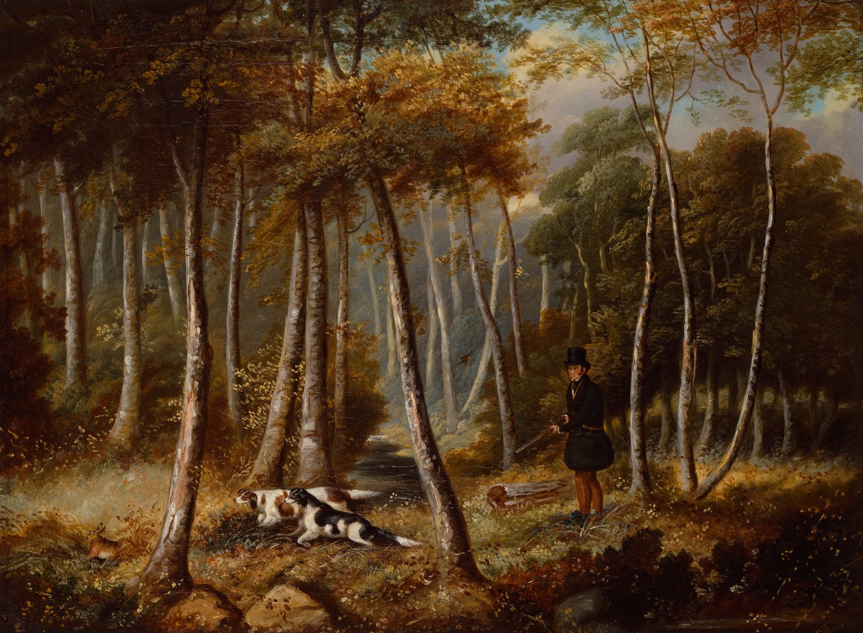Jaktscene, nybyggere som spyler ut en hare (olje på lerret) av Samuel John Egbert Jones