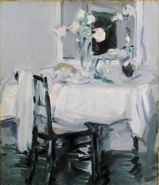 Et interiør med roser i en vase på et bord (olje på lerret) av Samuel John Peploe