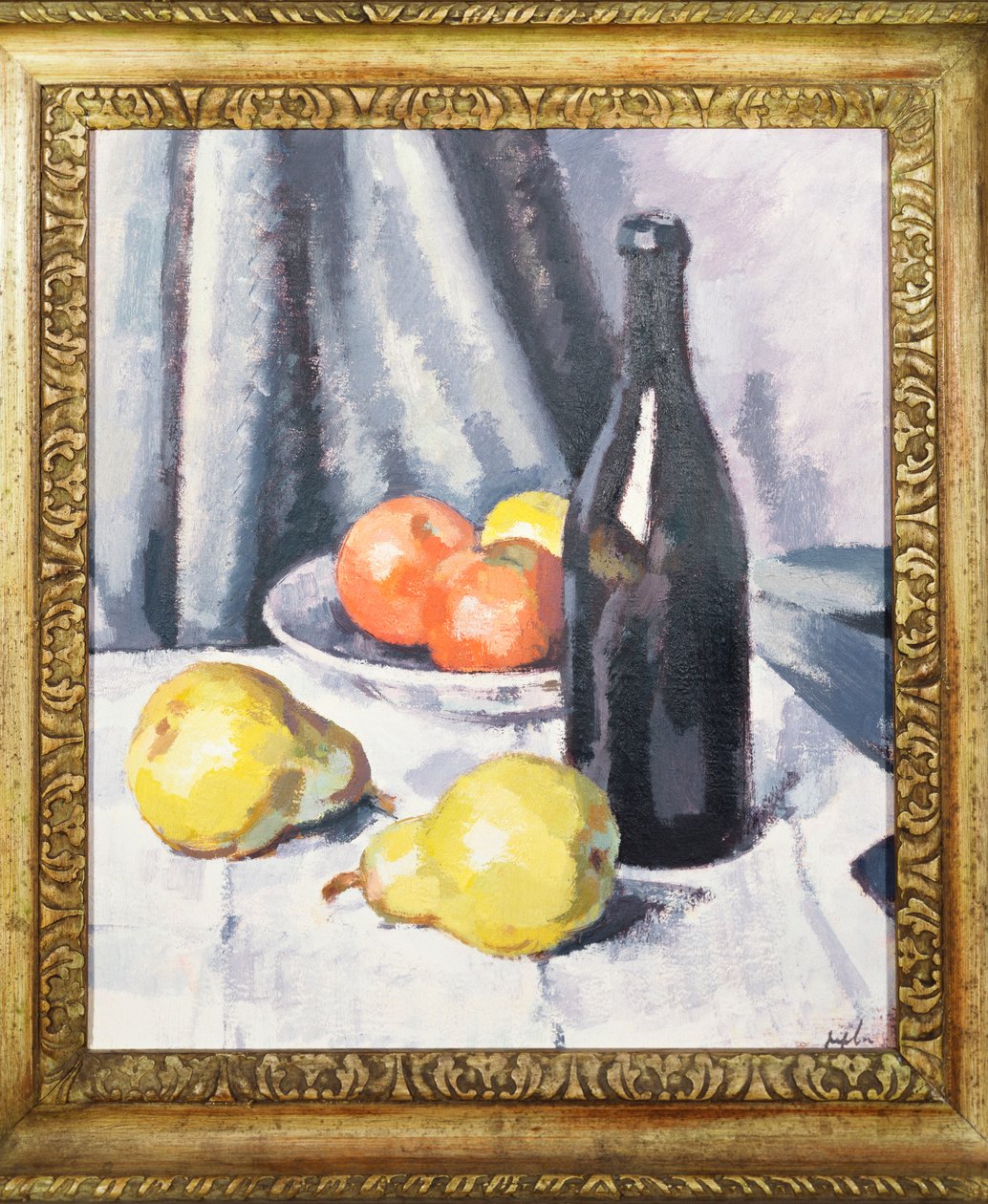 Epler, pærer og en svart flaske på et drapert bord, ca. 1928 av Samuel John Peploe