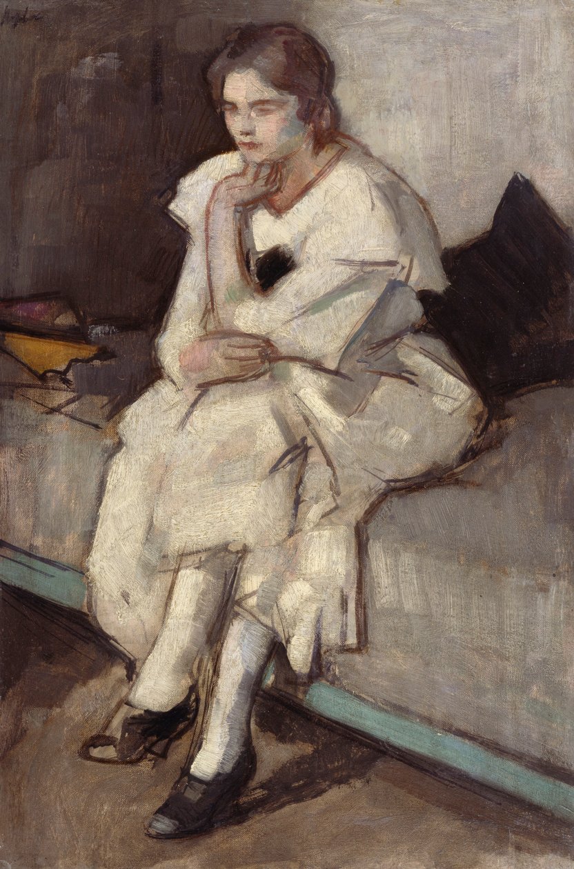 Jente i hvit kjole (olje på lerret) av Samuel John Peploe