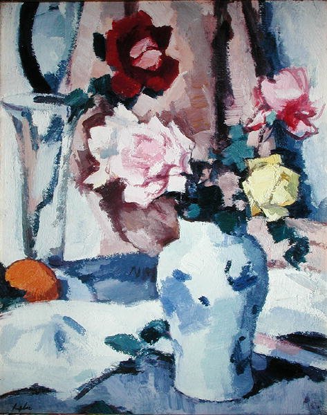 Roser i en blå og hvit vase (olje på lerret) av Samuel John Peploe
