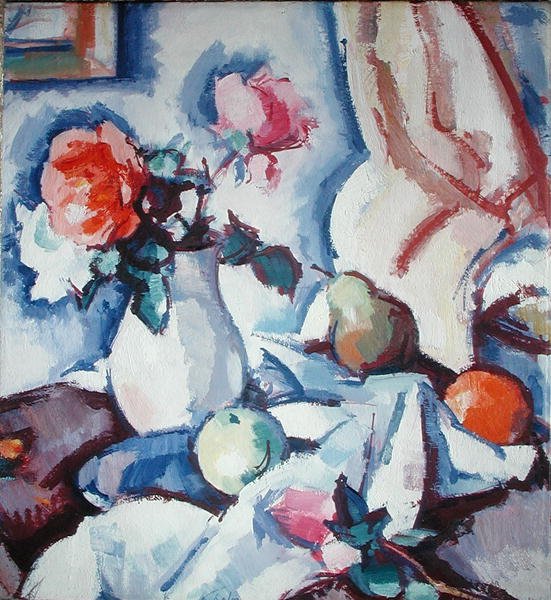 Roser i en hvit vase (olje på lerret) av Samuel John Peploe