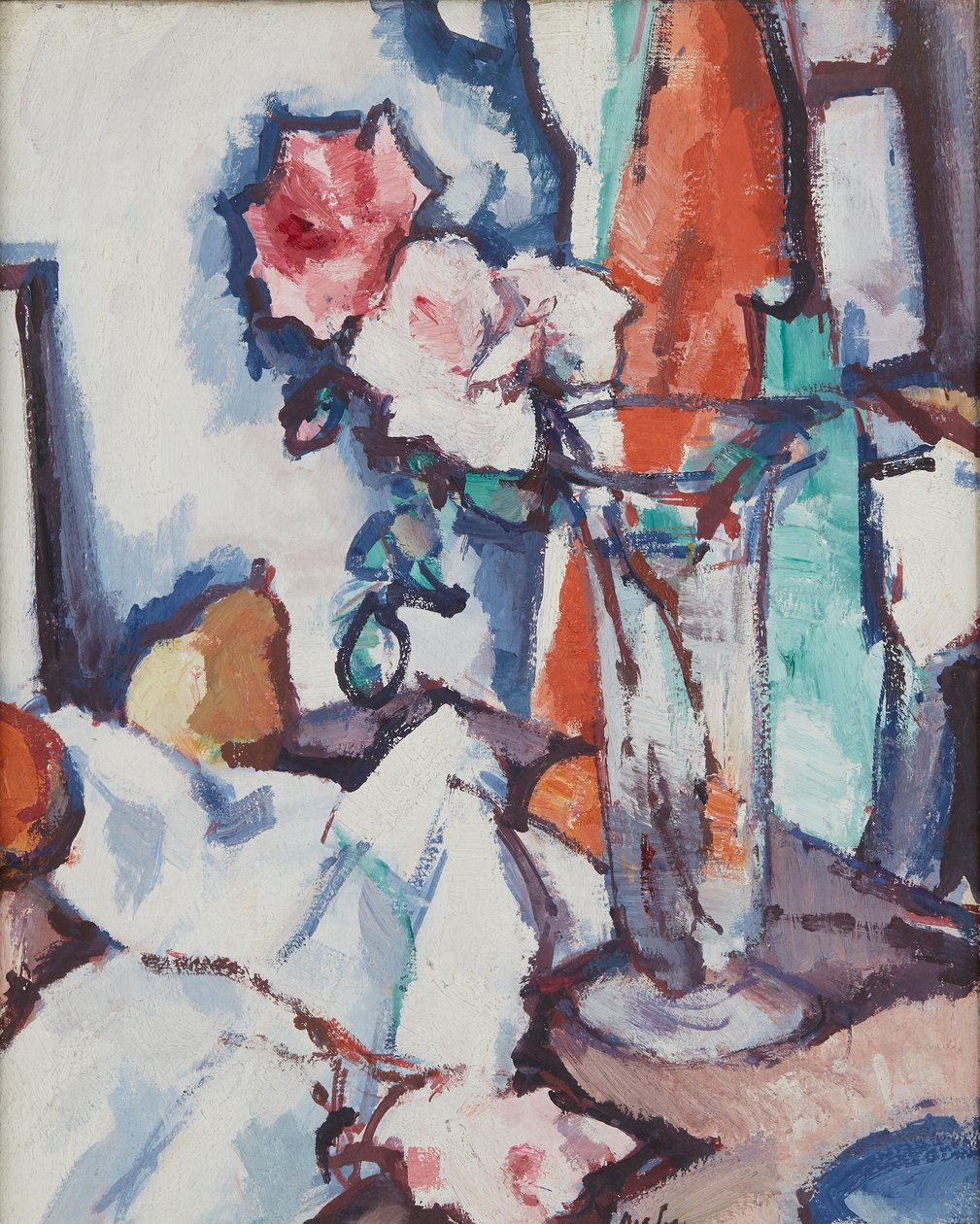 Stilleben av roser og pære (olje på lerret) av Samuel John Peploe