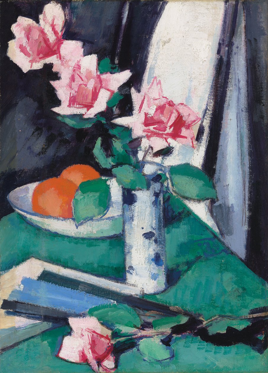 Stilleben med rosa roser og appelsiner i en blå og hvit vase, av Samuel John Peploe