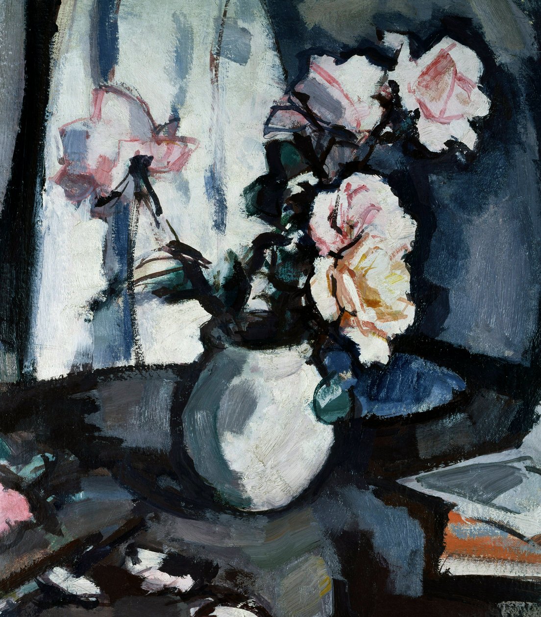 Stilleben med roser i en vase. Maleri av Samuel John Peploe (1871–1935 britisk) Samling privat av Samuel John Peploe