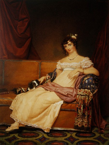 Lady Waterhouse sitter på en sofa med spanielen sin (akvarell på papir) av Samuel John Stump