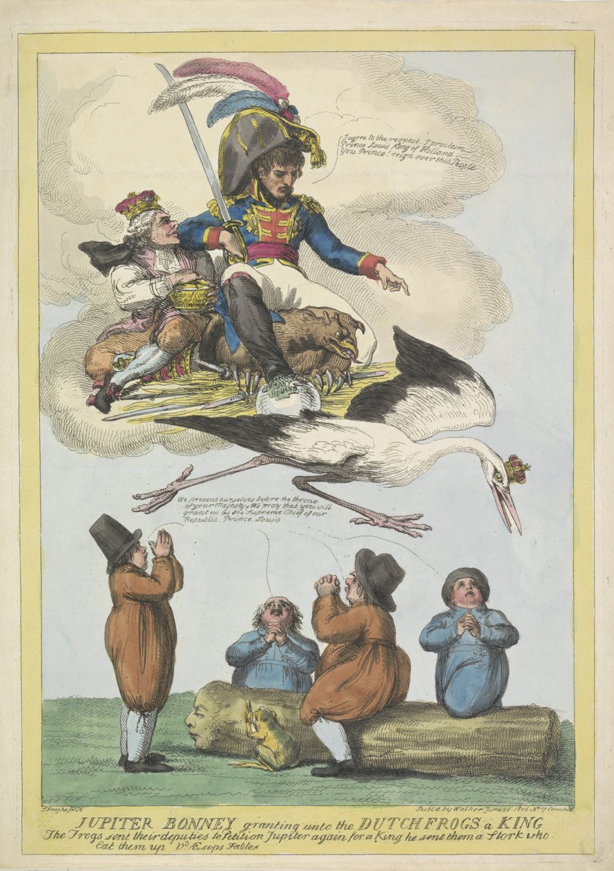 Napoleon sender Louis Napoleon som konge i form av en stork til Holland, 1806 Jupiter Bonney gir de nederlandske froskene en konge (tittel på objekt) av Samuel Knight