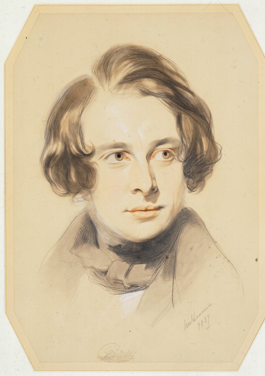 Tidlig portrett av Charles Dickens, 1837 (kritt, fargestift og blyant på papir) av Samuel Laurence